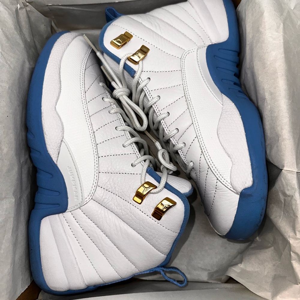 Jordan Retro 12 White and Blue Sneakers with Gold Accents